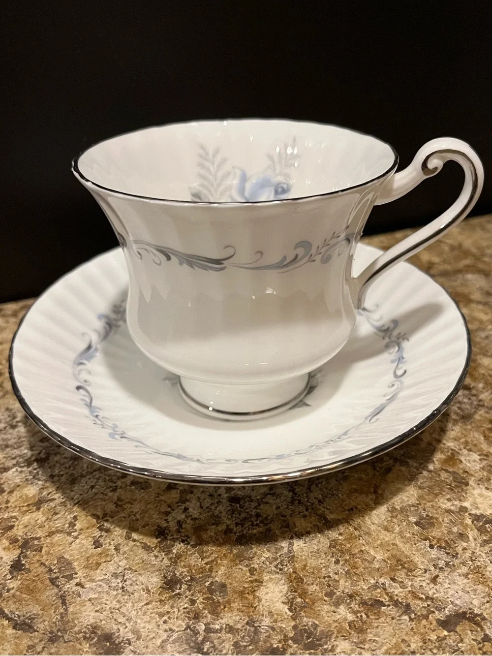 PARAGON Morning Rose Bone China Teacup and Saucer with Blue Rose and Silver Trim